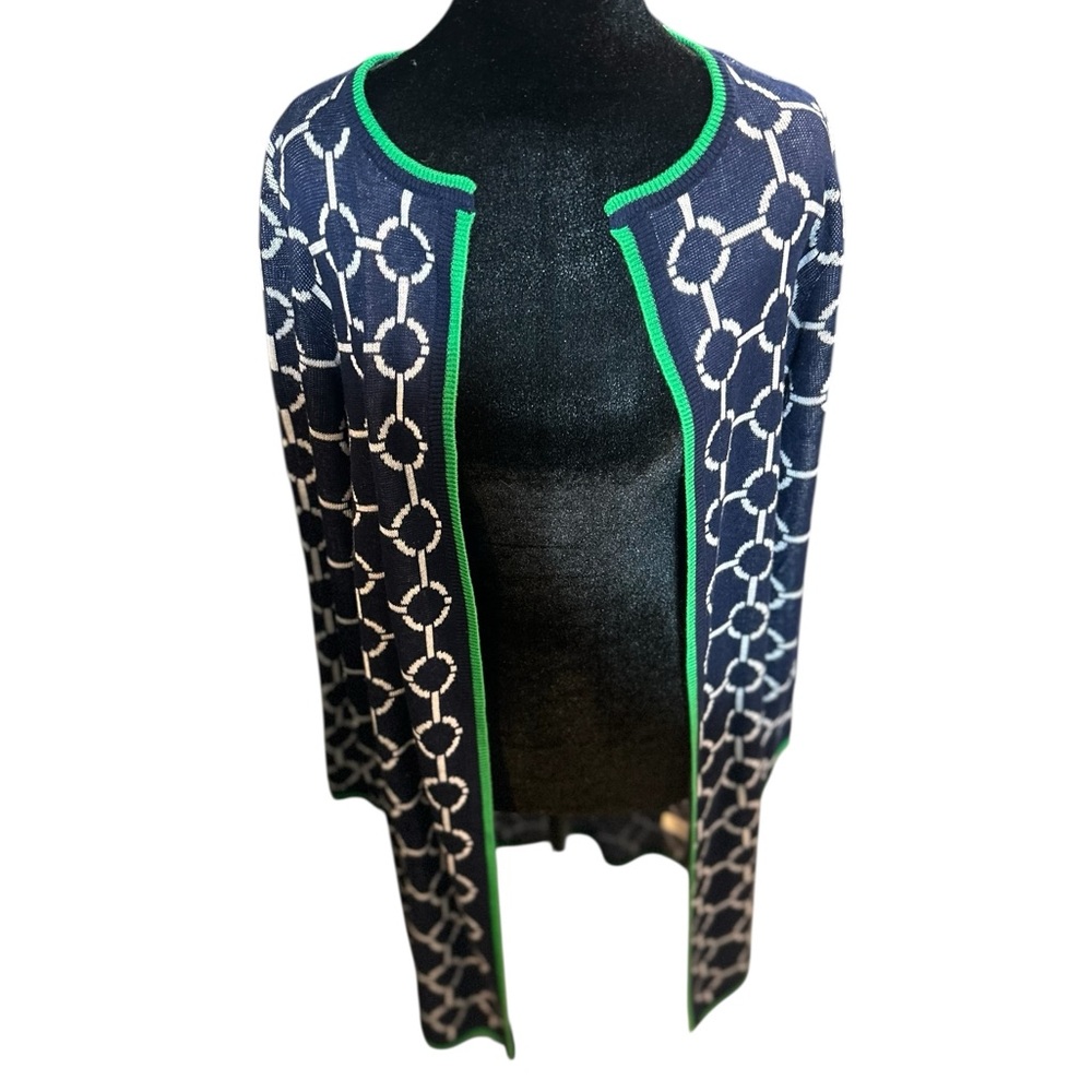 Navy Pattern Cardigan with a fun twist of Green along the edges! Fun! Size Small - Picture 4 of 7